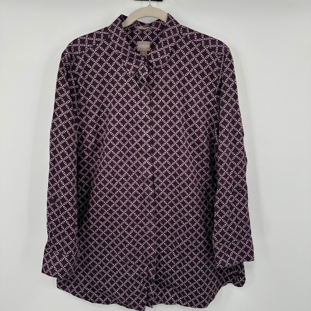 Chicos Womens Burgundy Geometric Print Wrinkle Resistant Button Down Shirt Sz XL